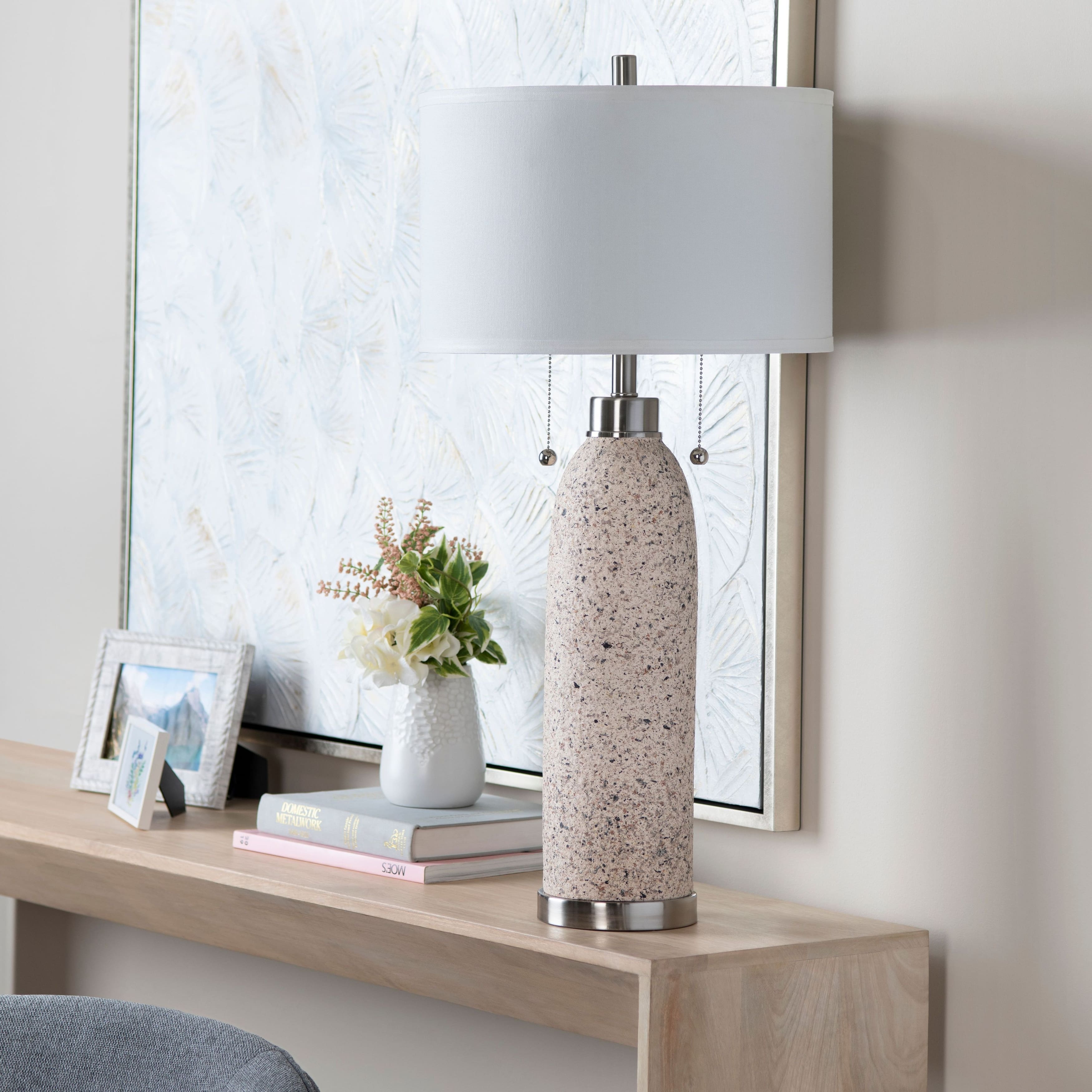 Tristan 34" Twin Pull Chain Table Lamp with Drum Shade, Beige Set of
